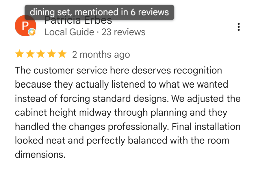 Google review from Patricia Erbes about customer service and cabinet fitting