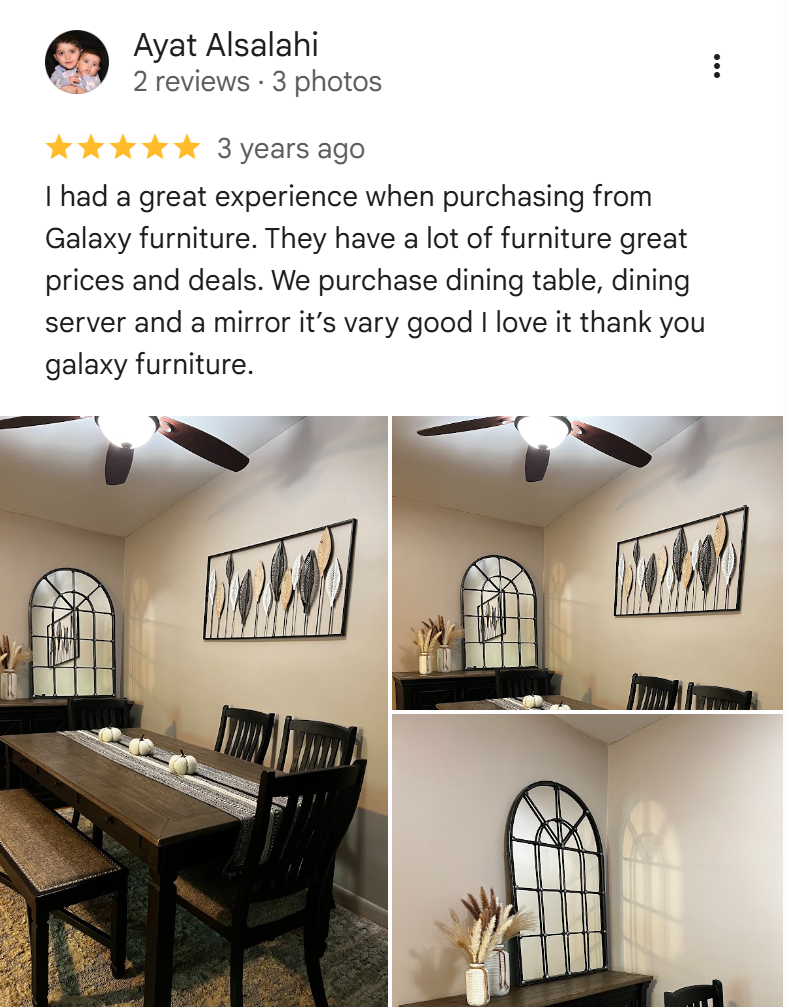 Google review from Ayat Alsalahi with photos of a dining table set and mirror