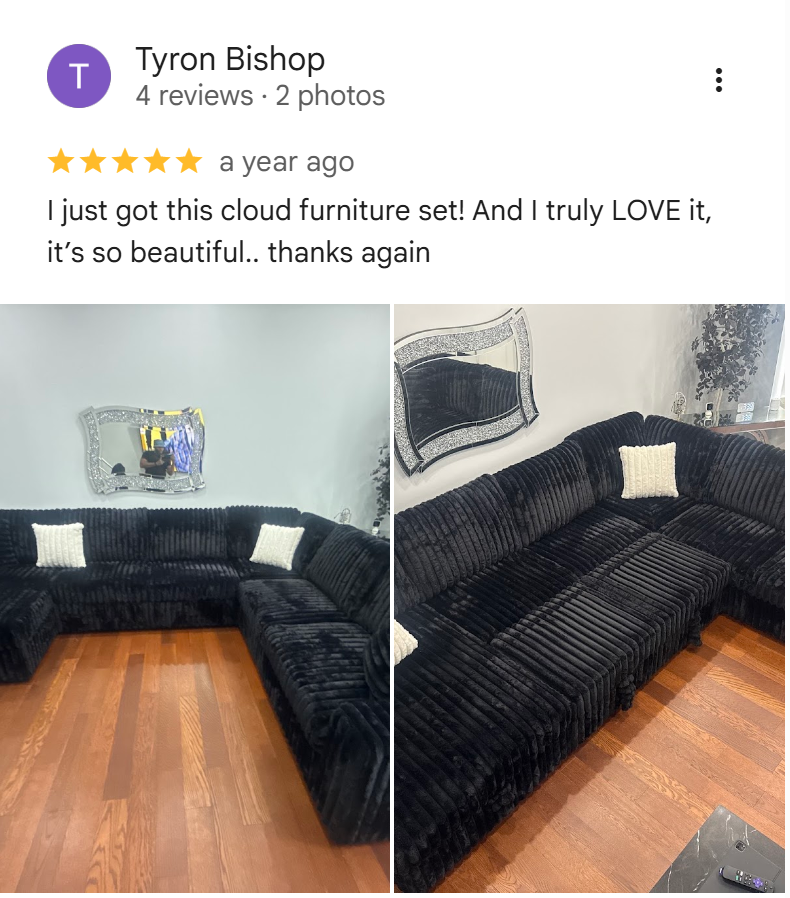 Google review from Tyron Bishop with photos of a black cloud sectional