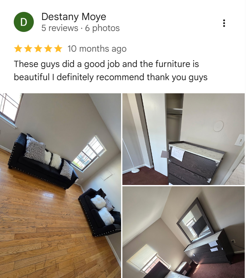 Google review from Destany Moye with photos of sofas and a dresser