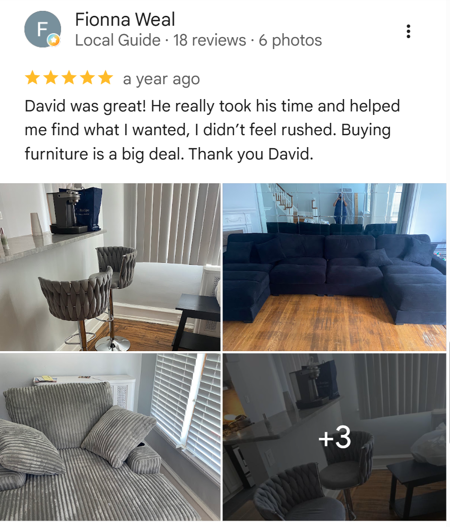 Google review from Fionna Weal with photos of a navy sectional and bar stools